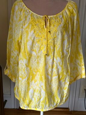 Lane Bryant Yellow Embroidered Peasant Top 100% cotton